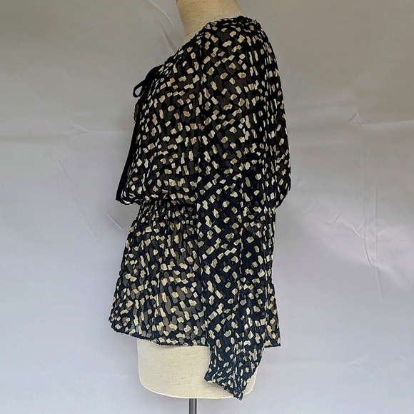 Theory Blouse Top Silk Blend Tie Neckline Gathered Waist Long Sleeve Black L NWT - Picture 10 of 14